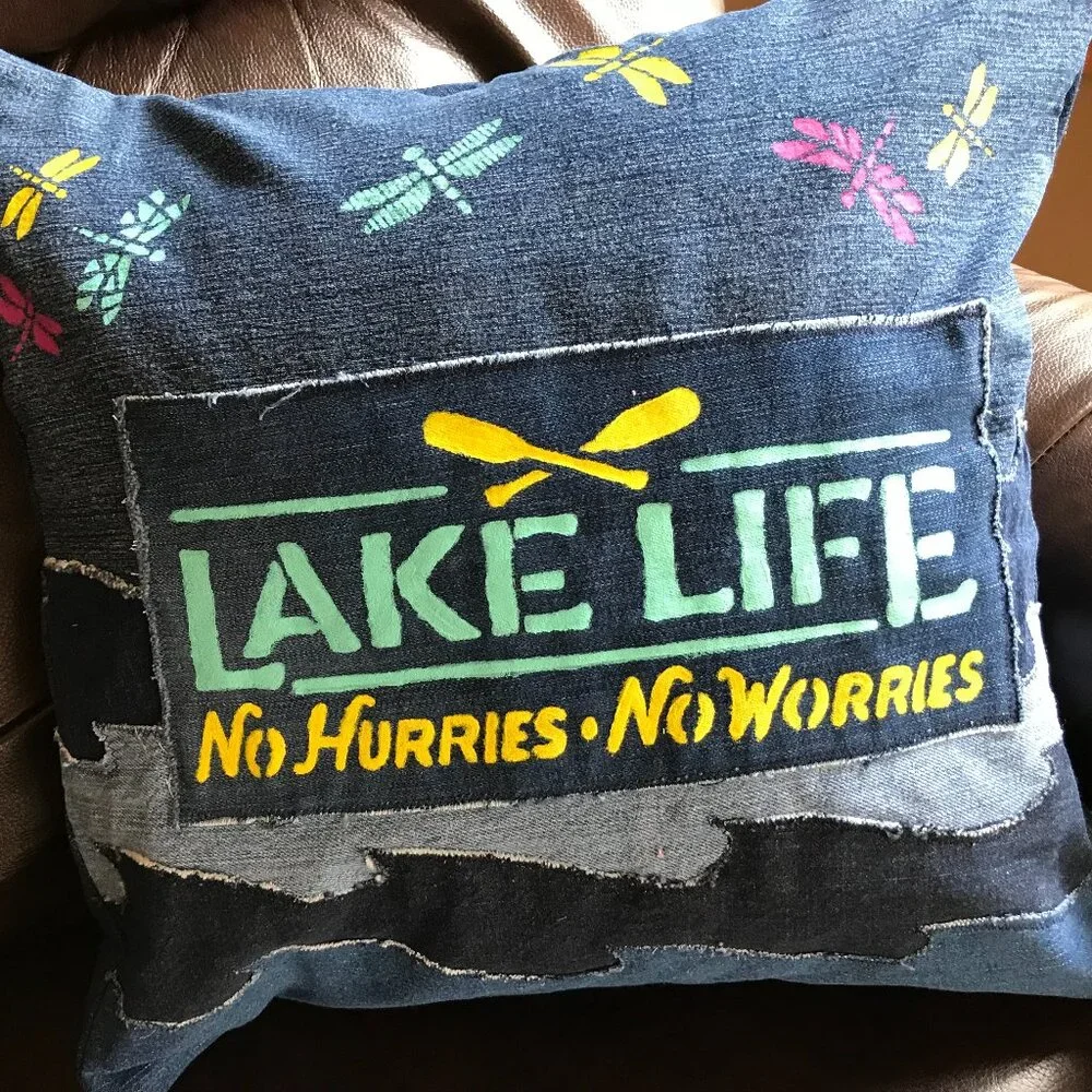 Lake House Pillow Cover 18 x 18, Lake Life Theme Cabin Decor Waves Dragonflies